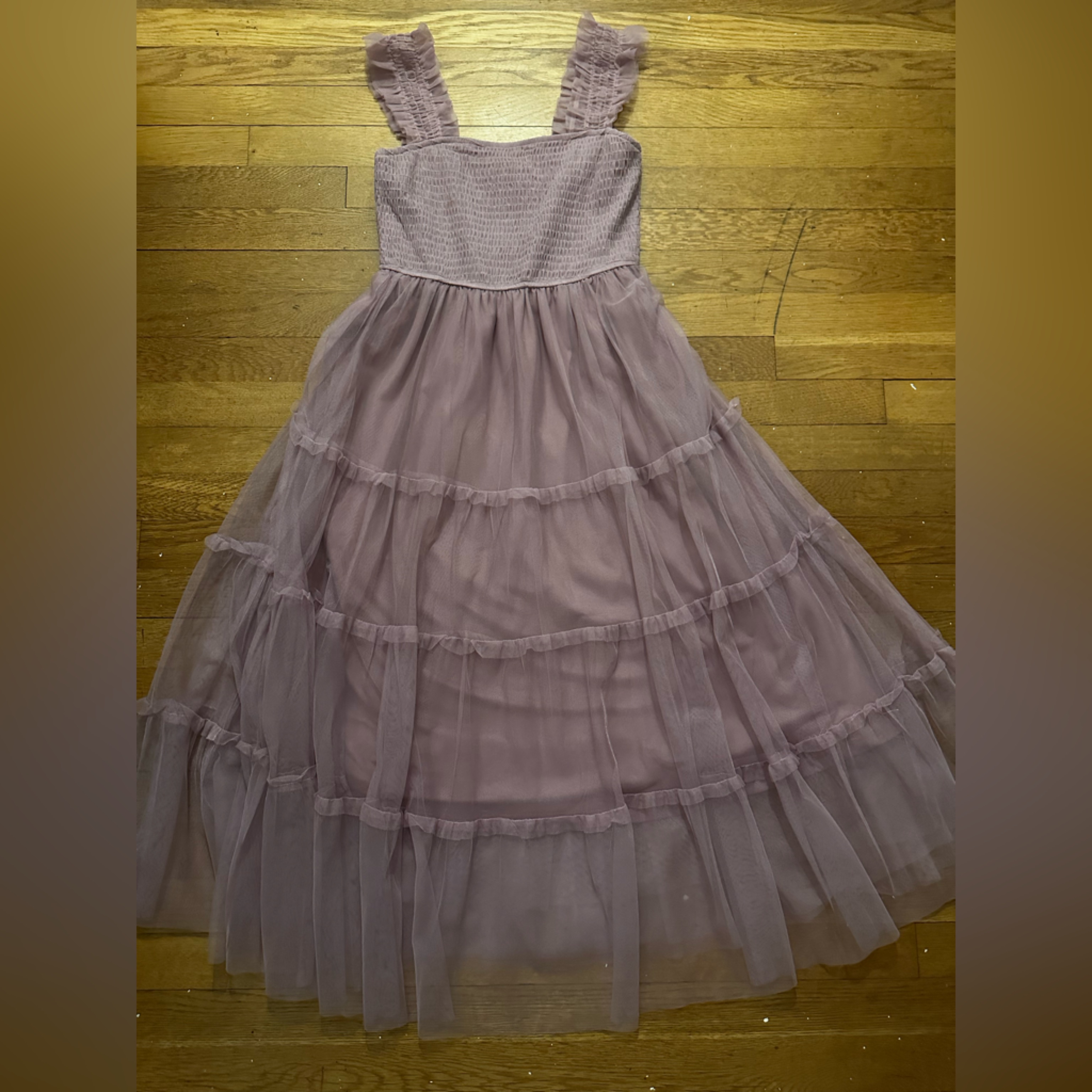 Pleated Tiered Midi Tulle Dress In Dusty Mauve With Coordinated Headband